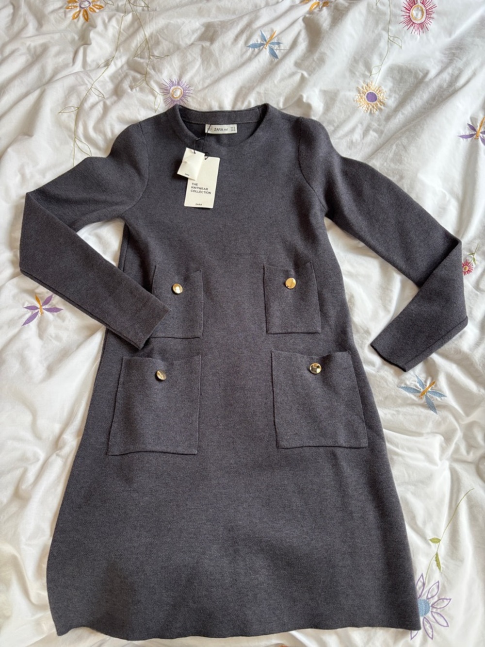 NWT Zara Charcoal Gray Long Sleeve Knit Pocket Dress with Gold Buttons